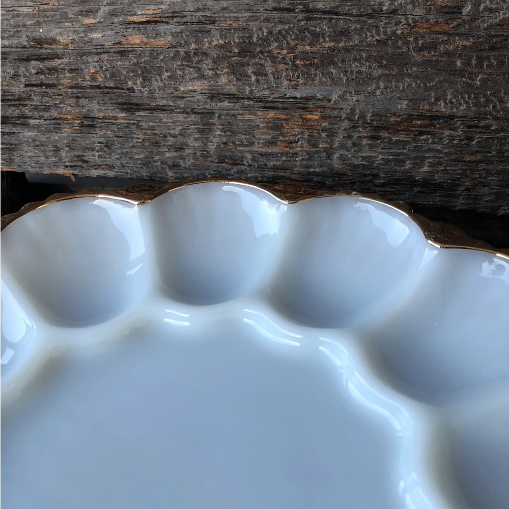 Milk Glass vintage Egg dish Fire-King Anchor Hocking deviled egg plate gold trim - Picture 8 of 11